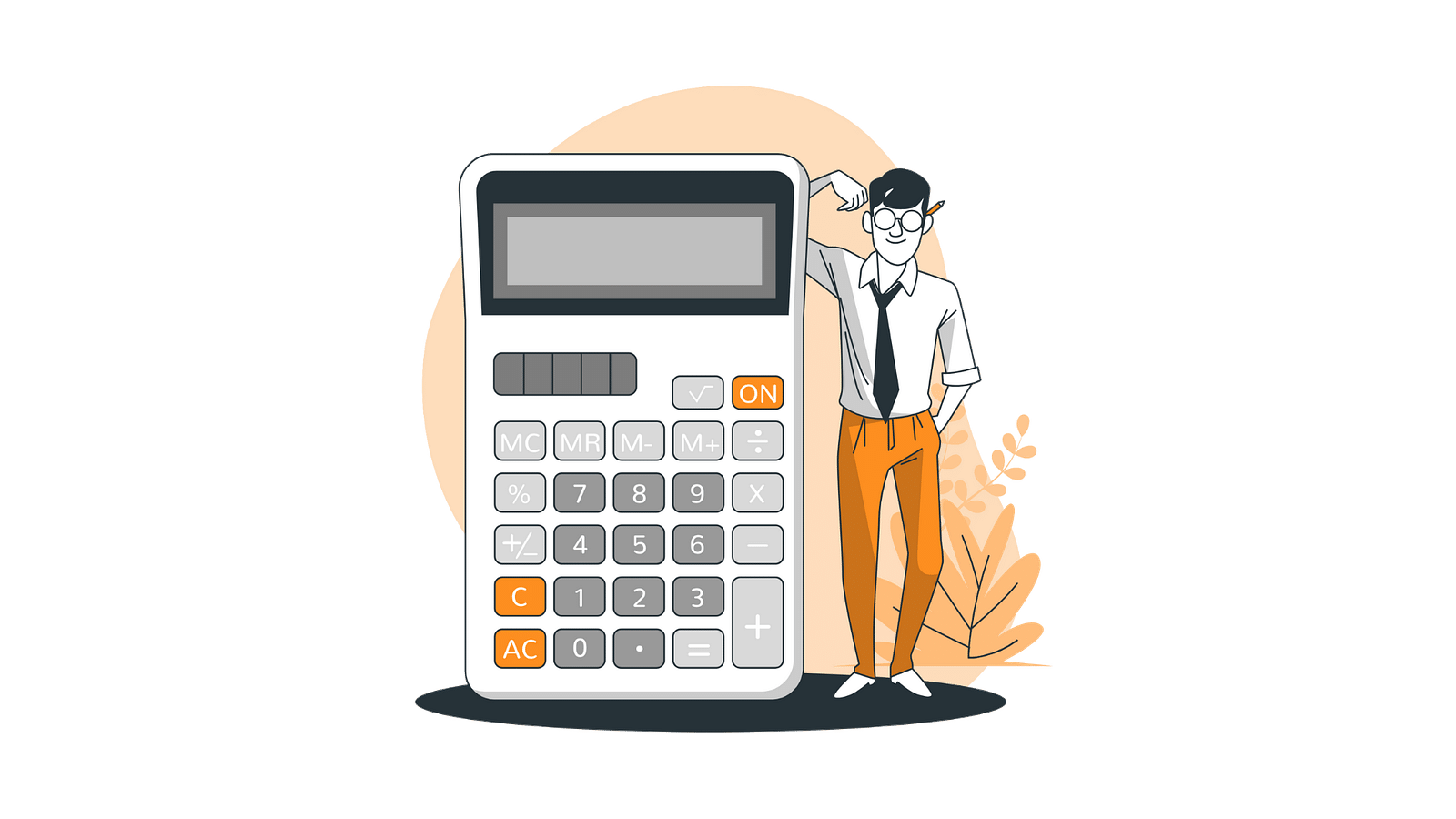 Person standing beside a large calculator, depicting financial planning and budgeting