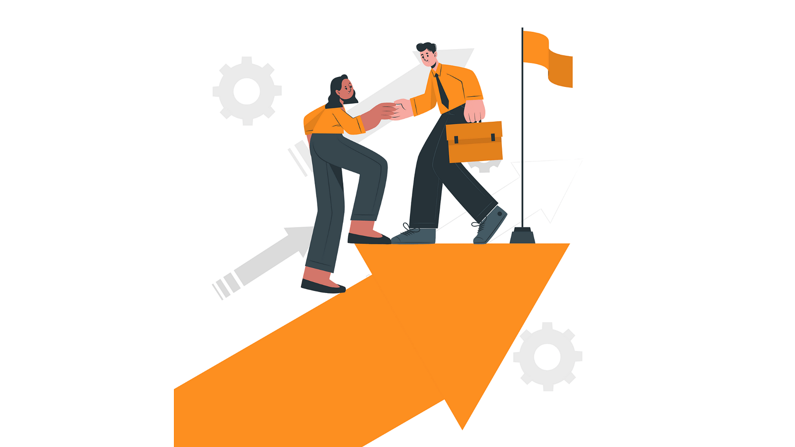 Man helping a person climb an arrow toward a flag, symbolizing mentorship and career growth