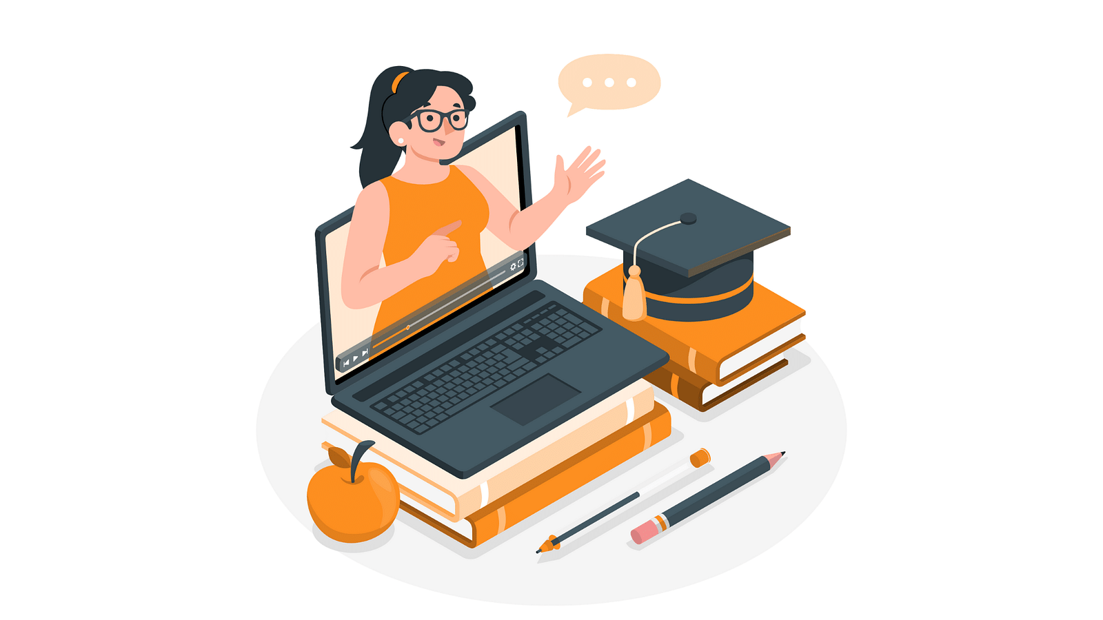 Woman attending an online class with a graduation cap and laptop, showcasing e-learning