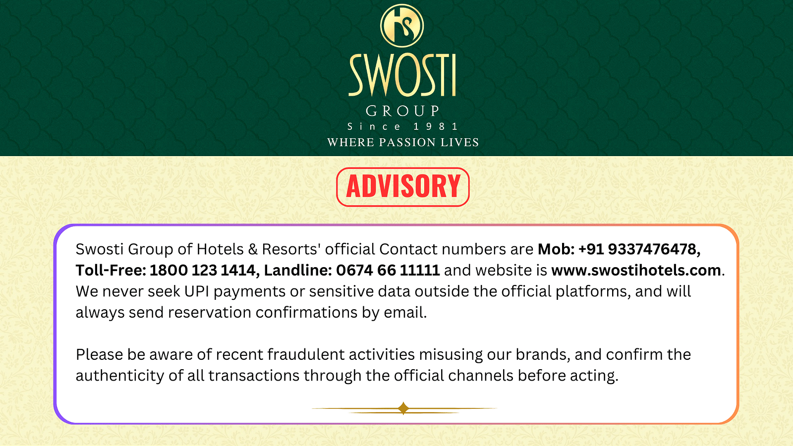 Swosti Resorts advisory creative