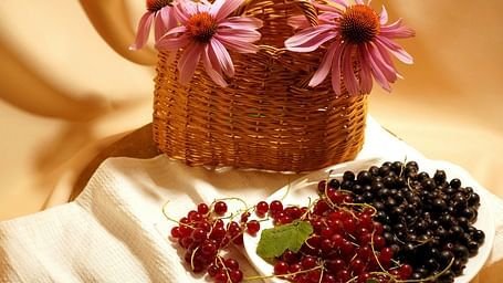 A bowl full of berries and a basket of flowers placed on a cloth
