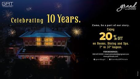 Grand Kakinada by GRT celebrates 10 years with fireworks and 20% off on rooms, dining, and spa; valid from August 1 to 31.