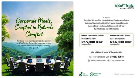 Corporate meetings in Yercaud from INR 5000. Includes meals, conference hall, and activities in a natural setting at Great Trails Yercaud by GRT Hotels