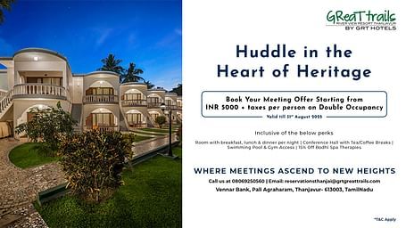 Thanjavur meeting offer starting from INR 5000 plus taxes per person on double occupancy. Includes meals, conference hall, and spa access at Great Trails River View Resort