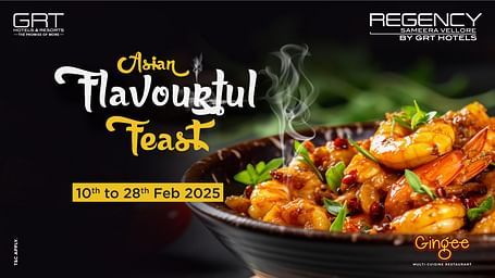 Creative for Asian Sizzling Feast featuring spicy prawns, event dates, and venue details.