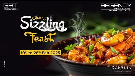 Banner showing a steaming bowl of sizzling prawns with event details for the Asian Sizzling Feast at Regency Kanchipuram.