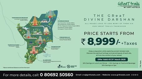 A banner for The Great Divine Darshan at GReaT trails Thanjavur, highlighting the price and the nearby temples