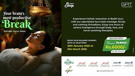 A poster showing a peaceful spa scene with a woman receiving Shirodhara therapy under a golden oil flow in a tranquil setting.