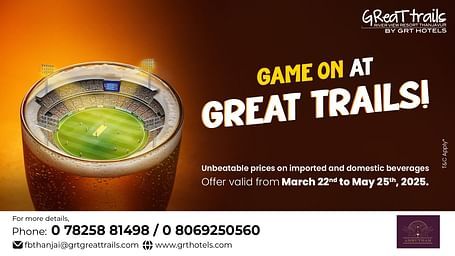 A creative banner of Great trails Thanjavur domestic and imported beverages at an unbeatable price