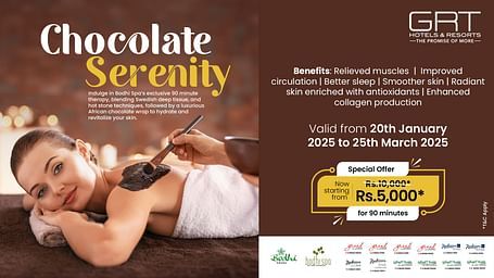 A creative showing a serene spa scene with a woman enjoying a chocolate therapy treatment in a softly lit, relaxing space.