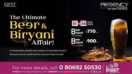 A creative image advertising  chilled beer and biryani, both veg and non veg at Regency Tuticorin
