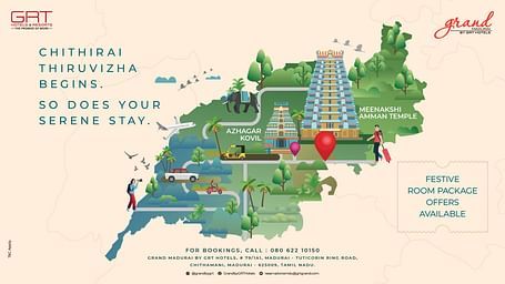 Promotional banner for Grand Madurai by GRT Hotels highlighting Chithirai Thiruvizha, nearby temples, travellers, festive room offers, and tranquil surroundings.