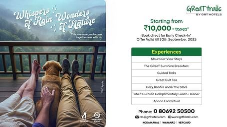 Whisper of Rain Wonders of Nature offer at Great Trails, package starting ?10,000 with experiences like guided walks, spa, and bonfire; image of couple with dog.