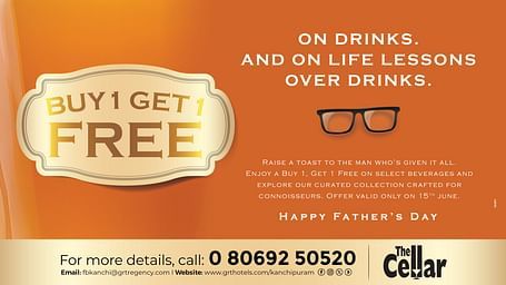 Father’s Day drinks offer by GRT Hotels with “Buy 1 Get 1 Free” text on an orange background featuring glasses and celebration message.