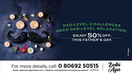  Father’s Day spa offer by GRT Hotels with candles, flowers, and a black moustache. Highlights 50% off on treatments at Bodhi Prana.