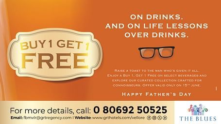  Father’s Day drinks offer by GRT Hotels with “Buy 1 Get 1 Free” text on an orange background featuring glasses and celebration message.