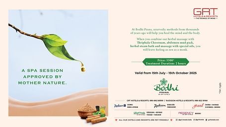 Banner for GRT Hotels and Resorts shows a green leaf with oil droplets, text about ancient healing, and details for Bodhi Prana treatments valid from 15th Jul - 15th Oct 2025