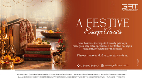 GRT Hotels & Resorts festive escape creative featuring a decorated suitcase, traditional festive décor, and a message promoting festive packages for business and leisure stays.
