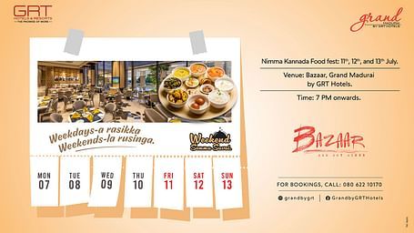 Promotional banner for The GReaT Kannada Food Feast at Bazaar, Grand Madurai by GRT Hotels, featuring a traditional South Indian thali and restaurant interior.