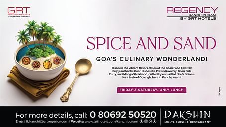 Food festival creative for ‘Spice and Sand’ at Regency Kanchipuram, featuring a Goan curry bowl with herbs and spices.