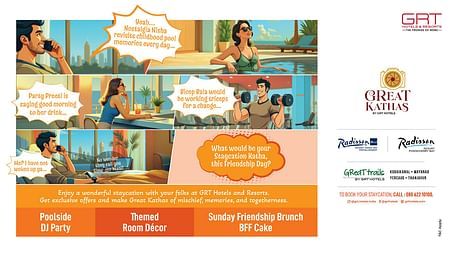 A comic-style poster of The GReaT Kathas Staycation celebrates Friendship Day at GRT Hotels with quirky poolside, gym, and brunch moments, themed décor, and playful character banter