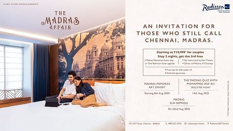 Promotional creative for Radisson Blu’s ‘The Madras Affair’ room package, featuring a couple enjoying a luxury stay.
