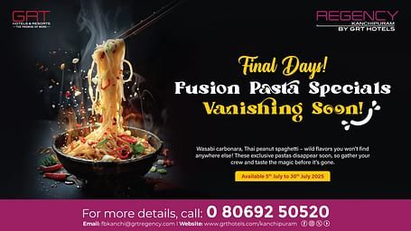 Steaming bowl of fusion noodles with vibrant toppings promoting The Great Pasta Fusion offer at Regency Kanchipuram by GRT Hotels
