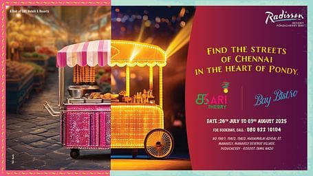 Poster for the Street Food Festival at Radisson Resort Pondicherry Bay, showcasing vibrant food carts and announcing the event dates – 26th July to 3rd August 2025 – hosted by Kari Theory and Bay Bistro.