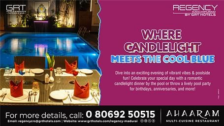 Poolside candlelight dinner setup with vibrant ambience at Ahaaram, Regency Madurai. Perfect for romantic evenings, parties, and celebrations.