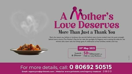 Promotional banner for Mothers Day with heart-shaped steam above a dish, featuring 50% off on lunch and dinner at Regency Madurai.