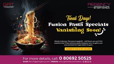 A bowl of fusion pasta with noodles flying mid-air, promoting limited-time specials at Regency by GRT Hotels, available from 5th to 30th June 2025.