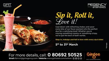 A promotional banner for Regency Sameera Vellore by GRT Hotels, featuring a special food offer with refreshing shakes and flavour-packed rolls.