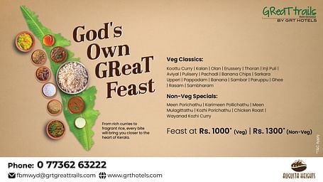 Promotional banner for Kerala-style feast at GReaT trails Wayanad featuring authentic vegetarian and non-vegetarian dishes served on a banana leaf, celebrating regional flavours.