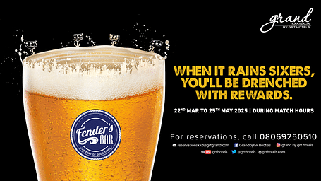 A frothy beer with stadium lights and cricket wickets in the foam. Text read When it rains sixers, you'll be drenched with rewards at Grand Kakinada