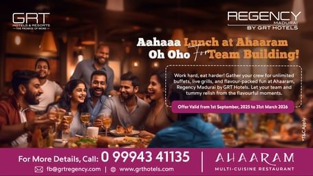 Creative promoting Team Lunch offer at Ahaaram, Regency Madurai by GRT Hotels — joyful group dining, live grills, and flavour-packed buffet experience.