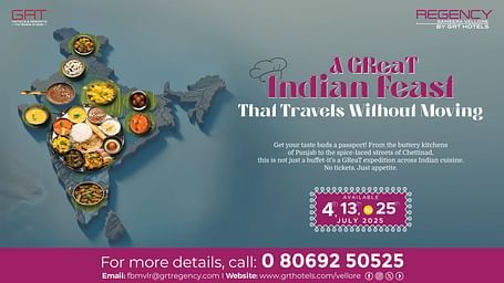 A promotional poster for the GRT Hotels’ Indian Feast buffet featuring a thali overlaid on a map of India, with food from different states and event dates 4th, 13th, and 25th July 2025.