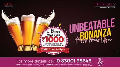 Promotional banner for Happy Hours offer – 2+1 Foster Malt Beer at GRT Regency Tirunelveli with snacks and chilled beer glasses.