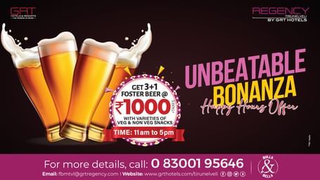 Promotional banner for Happy Hours offer – 3+1 Foster Beer at GRT Regency Tirunelveli with snacks and frothy beer glasses.