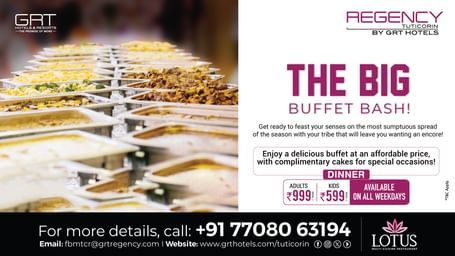 A promotional banner for The Big Buffet Bash at Regency Tuticorin, showing a long buffet line and dinner pricing.