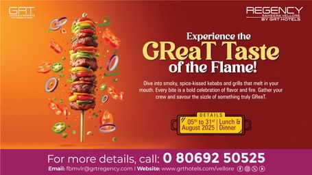 Skewer of grilled kebabs with colorful vegetables, floating spice slices, and details for Regency Sameera Vellore’s August lunch & dinner offer.