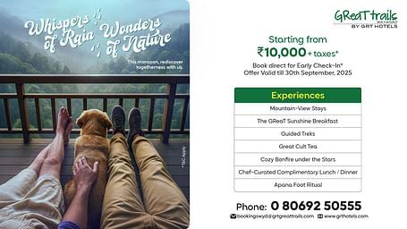 Great Trails Wayanad offer: Couple, dog, forest balcony, package from ?10,000, with activities like safaris, trekking, and visiting waterfalls