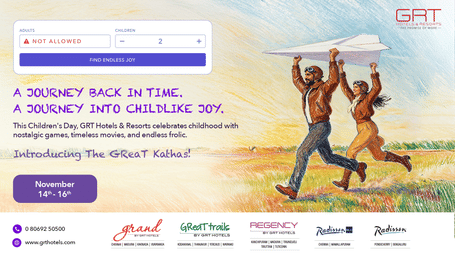 Joyful people running with a paper plane, symbolising childhood wonder during The GReaT Kathas, Children’s Day celebration by GRT Hotels & Resorts.
