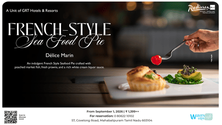 French-style seafood pie with poached fish and prawns served at Radisson Blu Resort Temple Bay Mamallapuram.