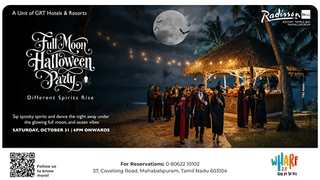 Guests in Halloween costumes enjoying the Full Moon Halloween Party at Radisson Blu Resort Temple Bay Mamallapuram
