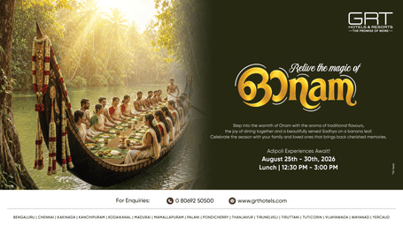 Festive Onam poster showing a golden-lit snake boat with rowers dressed in white, alongside the text Usher the magic of Onam.