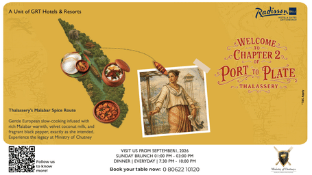 A promotional poster for Port to Plate at Radisson Blu Hotel & Suites GRT Chennai featuring malabar platters on a banana leaf and a coastal backdrop.