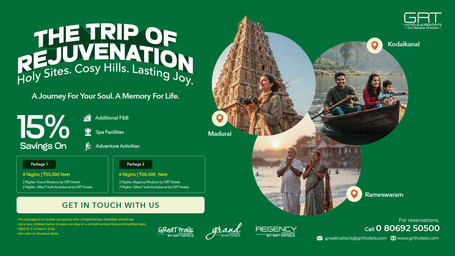 A green promotional poster for The Trip of Rejuvenation highlighting a 15 percent savings offer with images of nature, wellness activities and travel experiences.