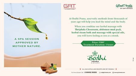 Spa banner for Bodhi Prana featuring herbal visuals, dripping leaf, and ancient ayurvedic wellness.