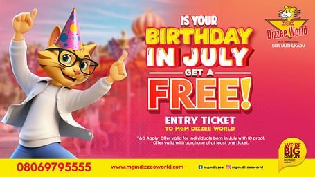 Cat in a party hat celebrating MGM Dizzee World’s free entry ticket offer for July birthdays, valid with ID proof and ticket purchase.