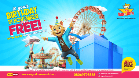 Promotional poster for MGM Dizzee World’s Birthday Offer — Celebrate your November birthday with a FREE entry ticket! Show valid ID and enjoy the fun.